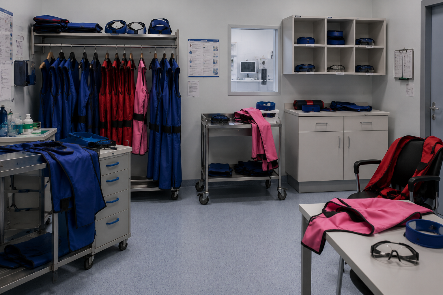 DPI anti-X distribuiti tra rastrelliere, carrelli e postazioni di lavoro