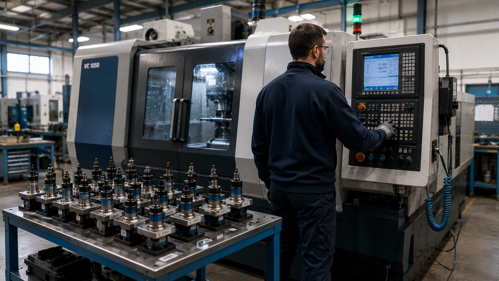 Tecnico controlla un macchinario e componenti in uno stabilimento industriale