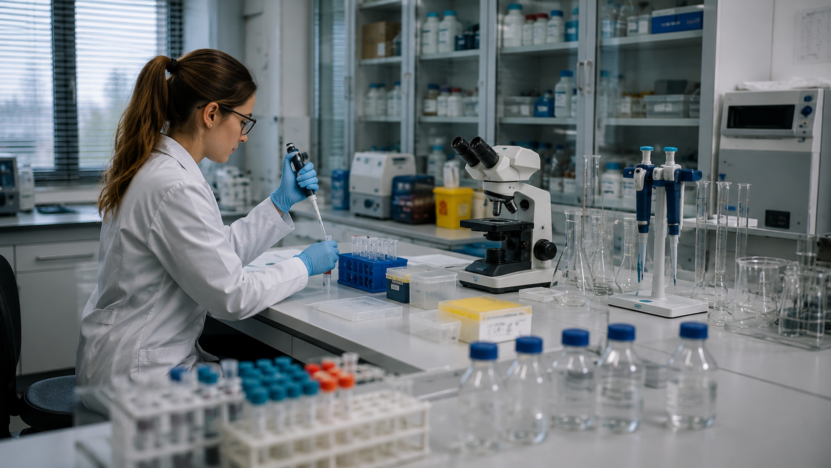 Tecnica analizza campioni e strumenti su un banco di laboratorio