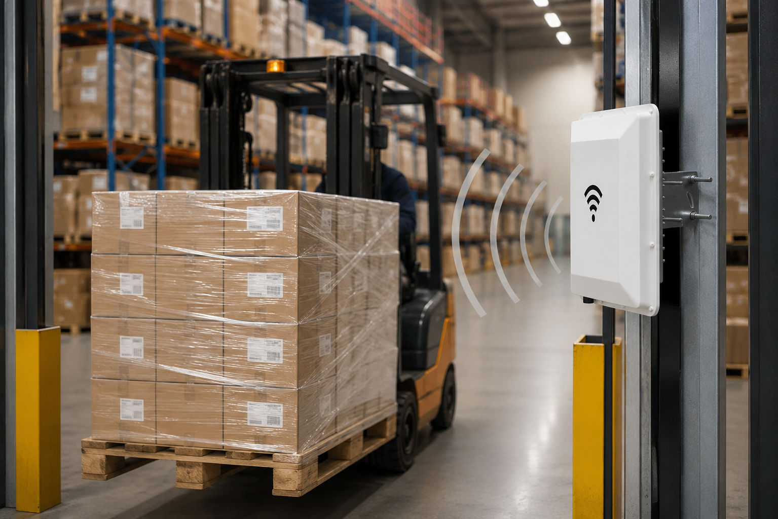 Carrello elevatore attraversa un varco RFID durante l’inventario di beni in magazzino