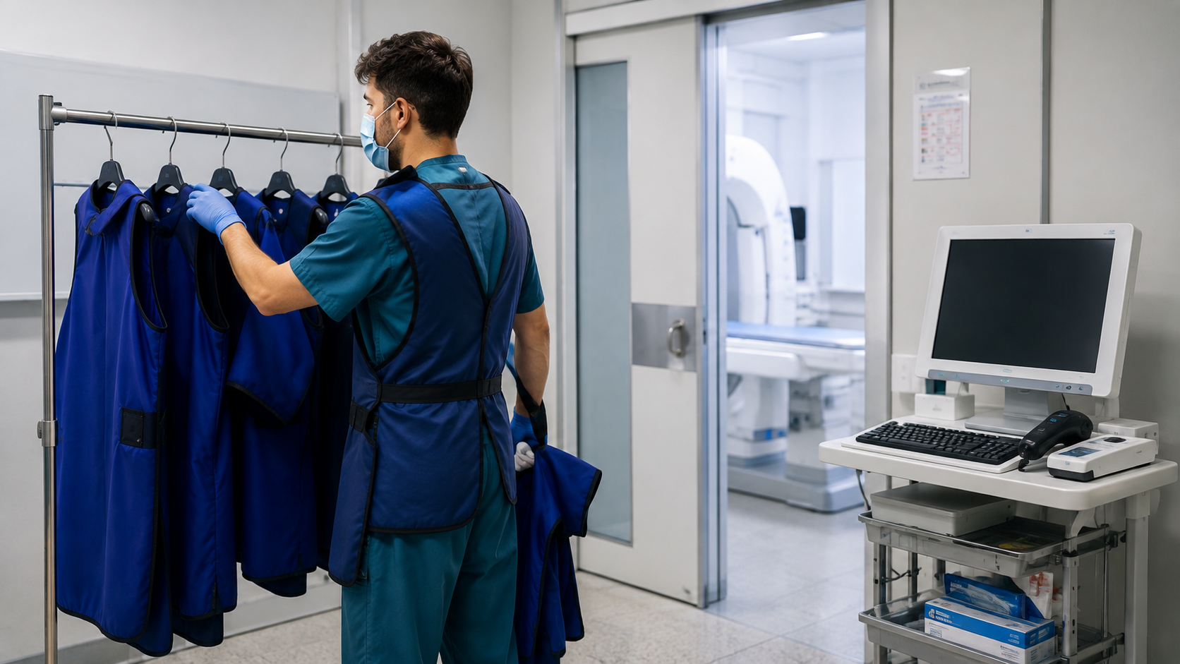 Operatore sanitario gestisce dispositivi di protezione in un reparto diagnostico